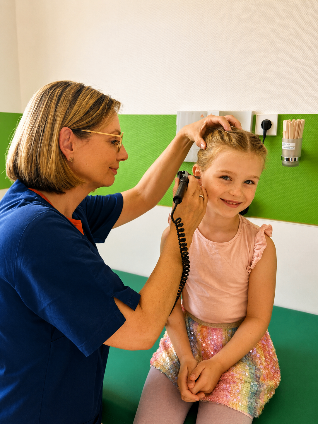 Kinderärztin untersucht mit dem Otoskop die Ohren eines lachenden Mädchens